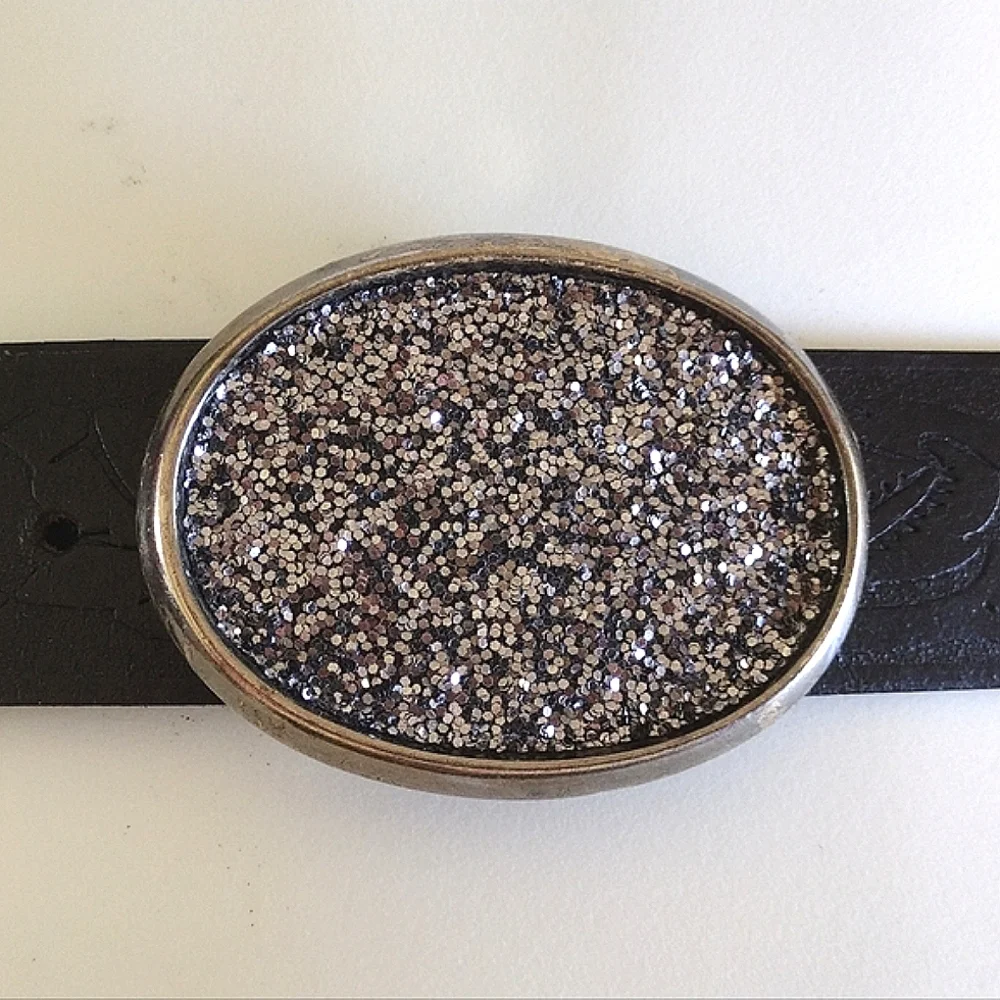 HipWear Black Embossed Italian Leather Belt Silver Glitter Oval Buckle